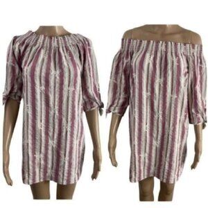 Everly Off Shoulder Striped Embroidered Above Knee Dress Size Medium 100% cotton